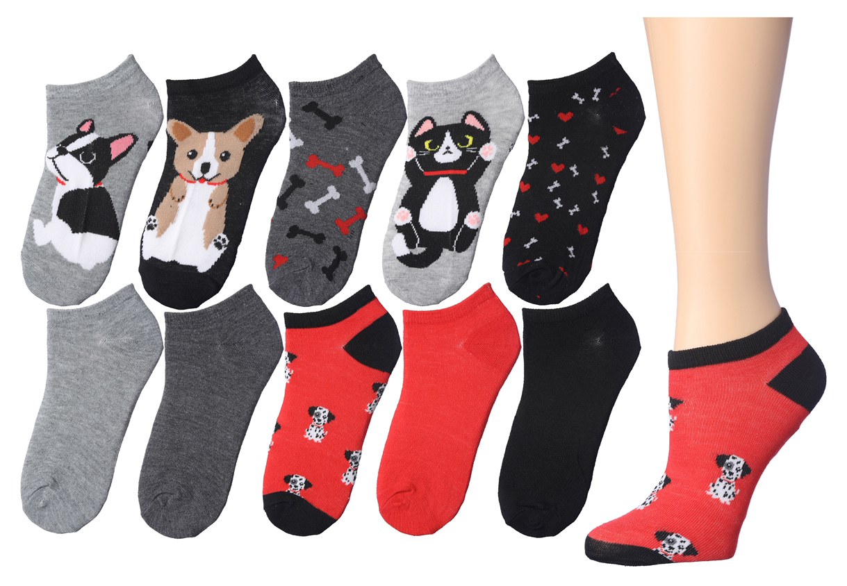 Girl's No Show SOCKS - Dog & Cat Theme - Size 6-8 - 10-Pair Packs