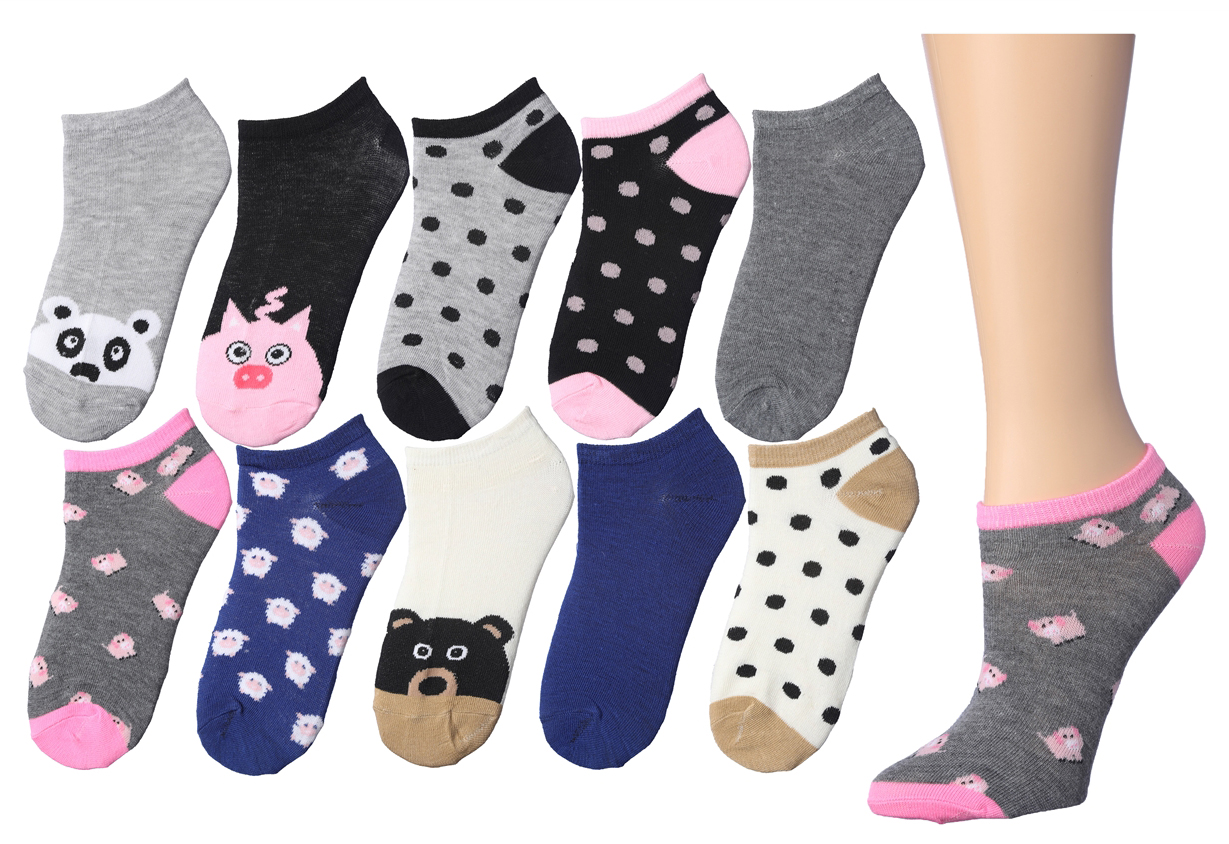 Girl's No Show Socks - Panda/Pig/Sheep/Bear Polka Dot ANIMAL Theme - Size 6-8 - 10-Pair Packs