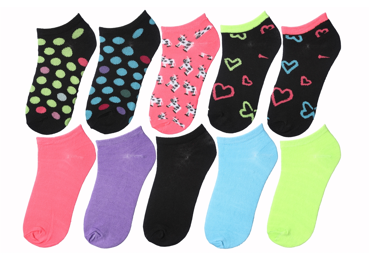 Girl's No Show SOCKS - Polka Dot/Heart/Cow/Solid Theme - Size 6-8 - 10-Pair Packs