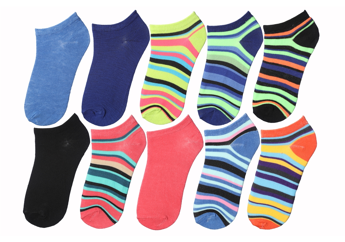 Girl's No Show SOCKS - Striped & Solid Prints - Size 6-8 - 10-Pair Packs