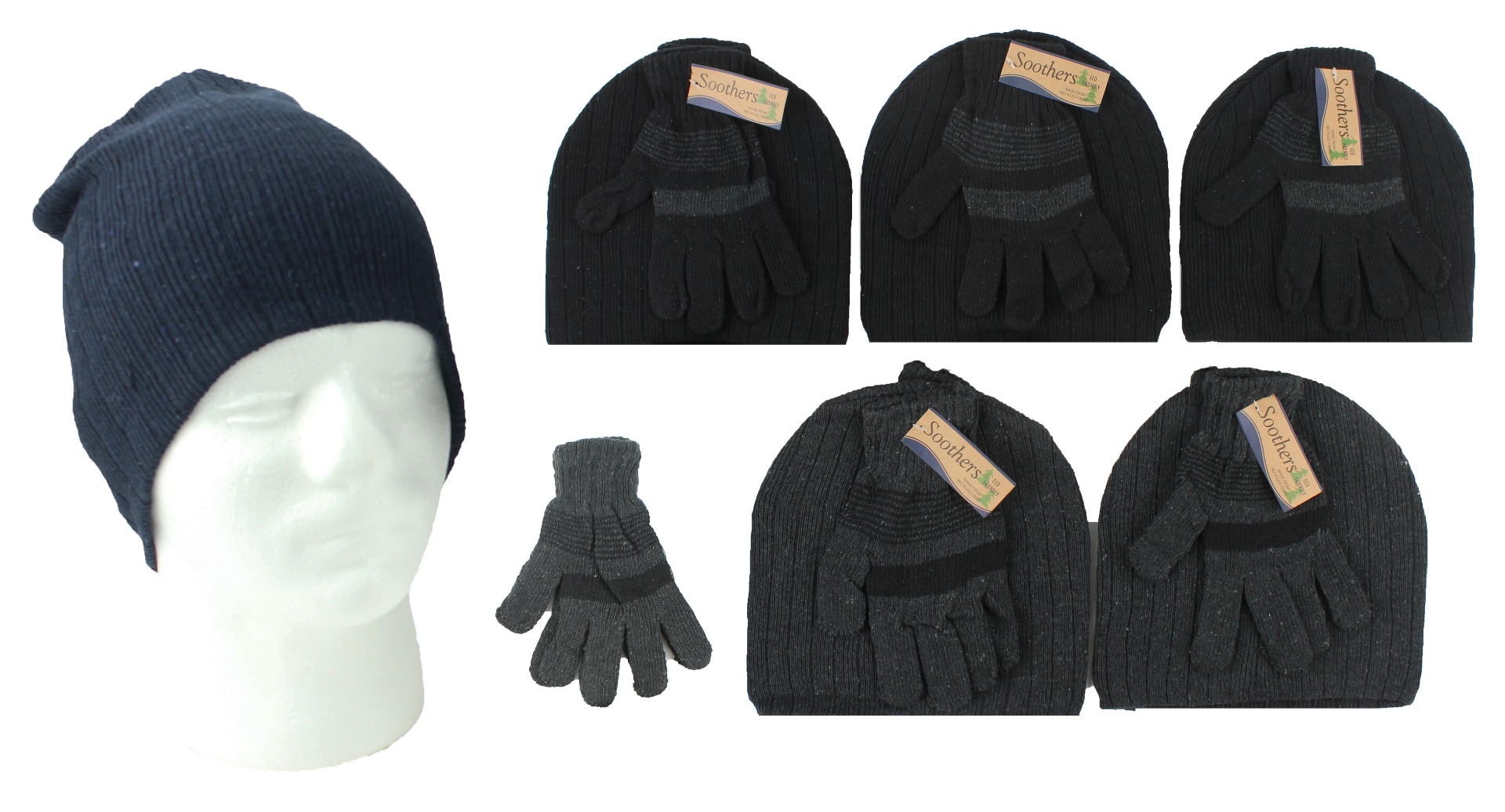 Adult Ribbed Beanie HATS & Magic Gloves Set - Assorted Colors