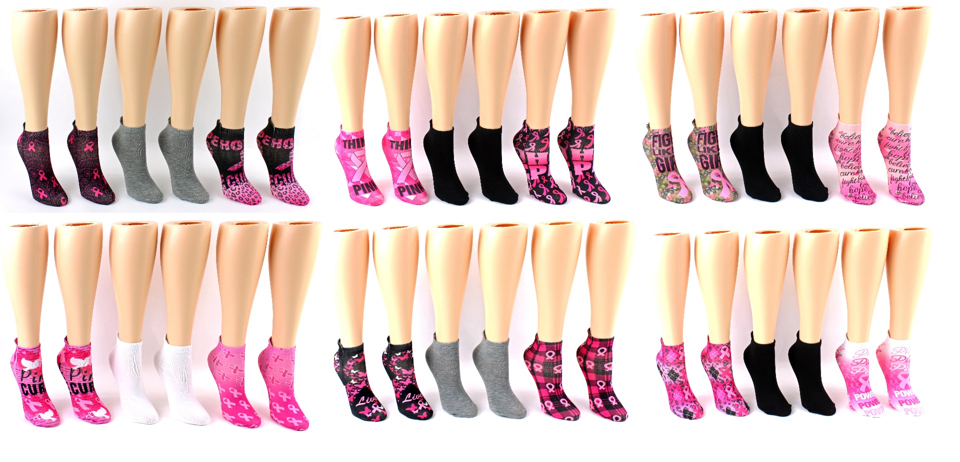 Women's Novelty Low-Cut Socks - BREAST CANCER Awareness Prints - Size 9-11 - 3-Pair Packs