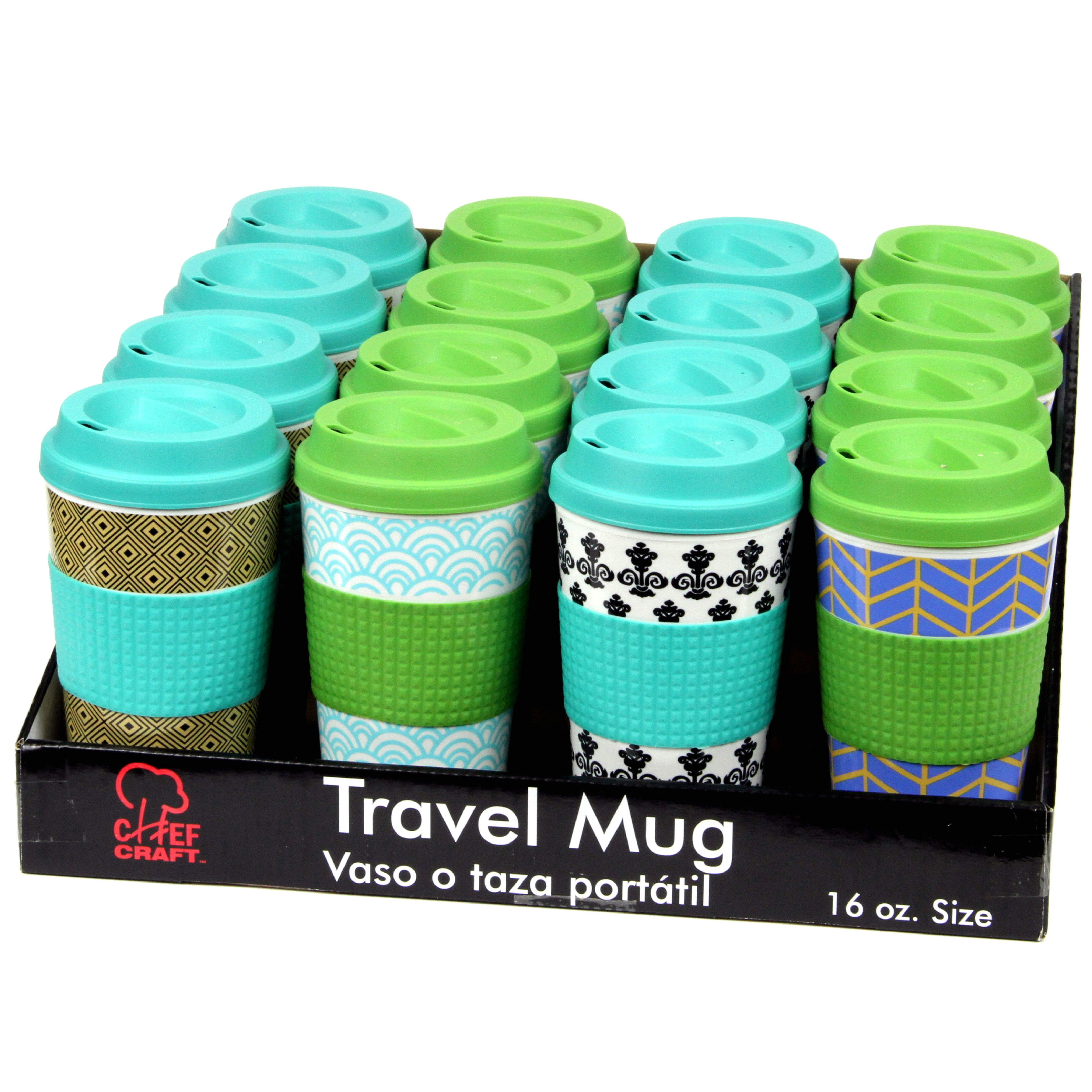 16.5 oz. Travel Mugs with Patterns in Shelf Display