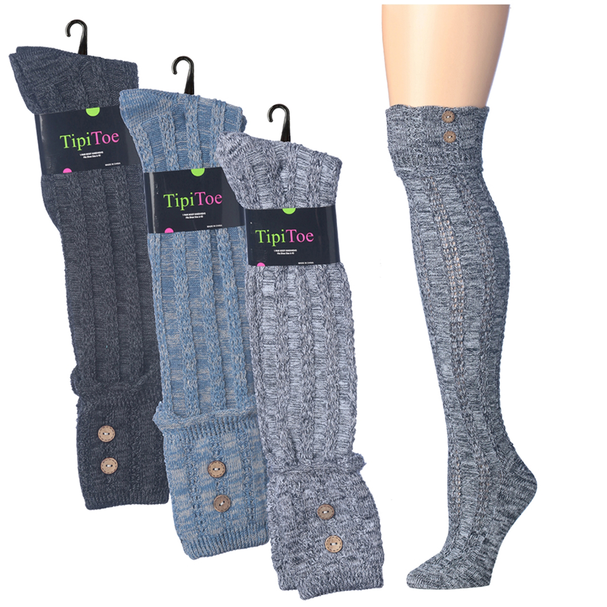 Women's Wool Blend Cable Knit Cuff Knee High SOCKS w/ Button Detail - Size 9-11