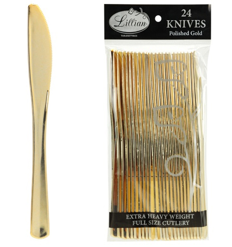 Polished Gold Plastic Cutlery - KNIVES - 24-Packs - Lillian