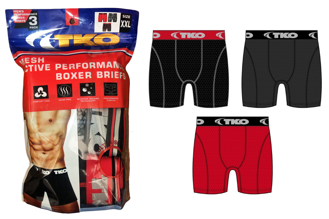 Men's TKO Performance Boxer BRIEFS - Black/Red/Charcoal - Sizes Medium-2XL - 3-Pack