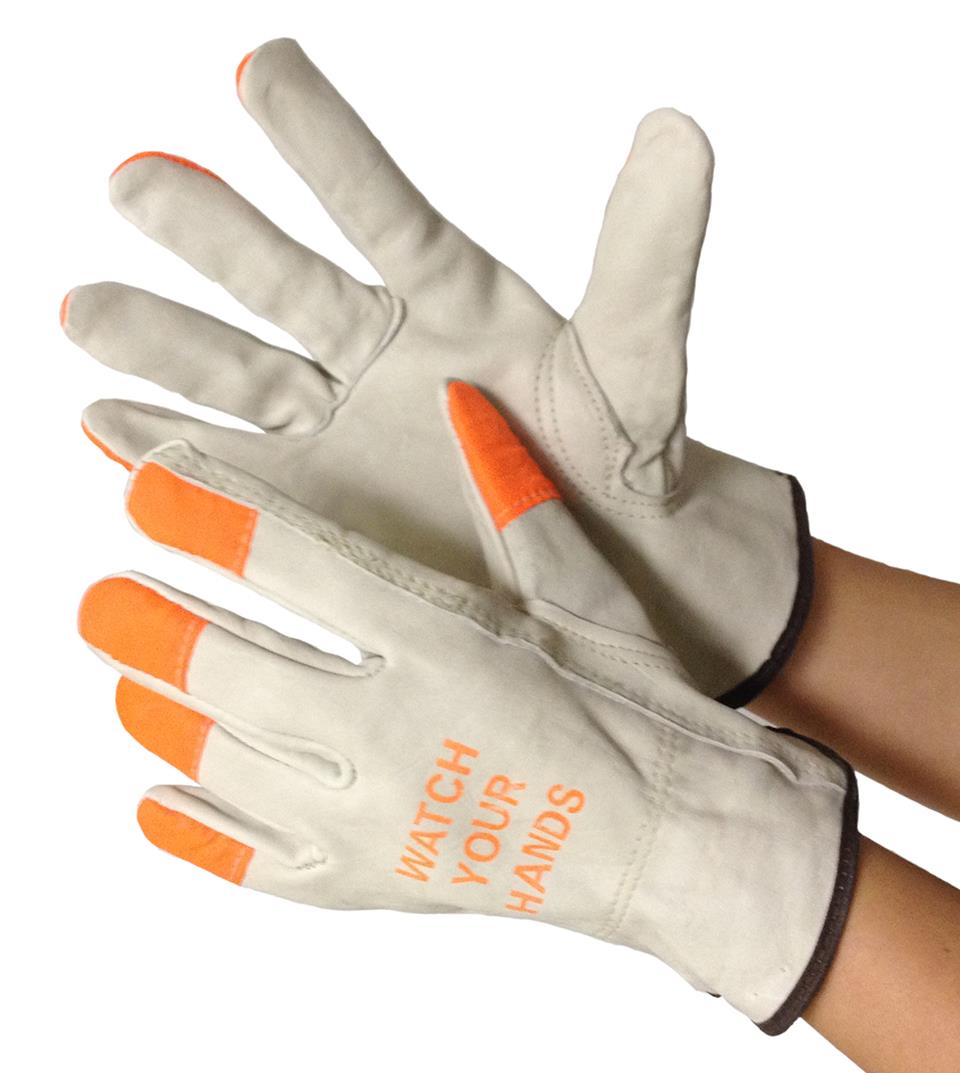 Cow Grain LEATHER Driver Gloves w/ High Visability Orange Fingertips - Size: Large