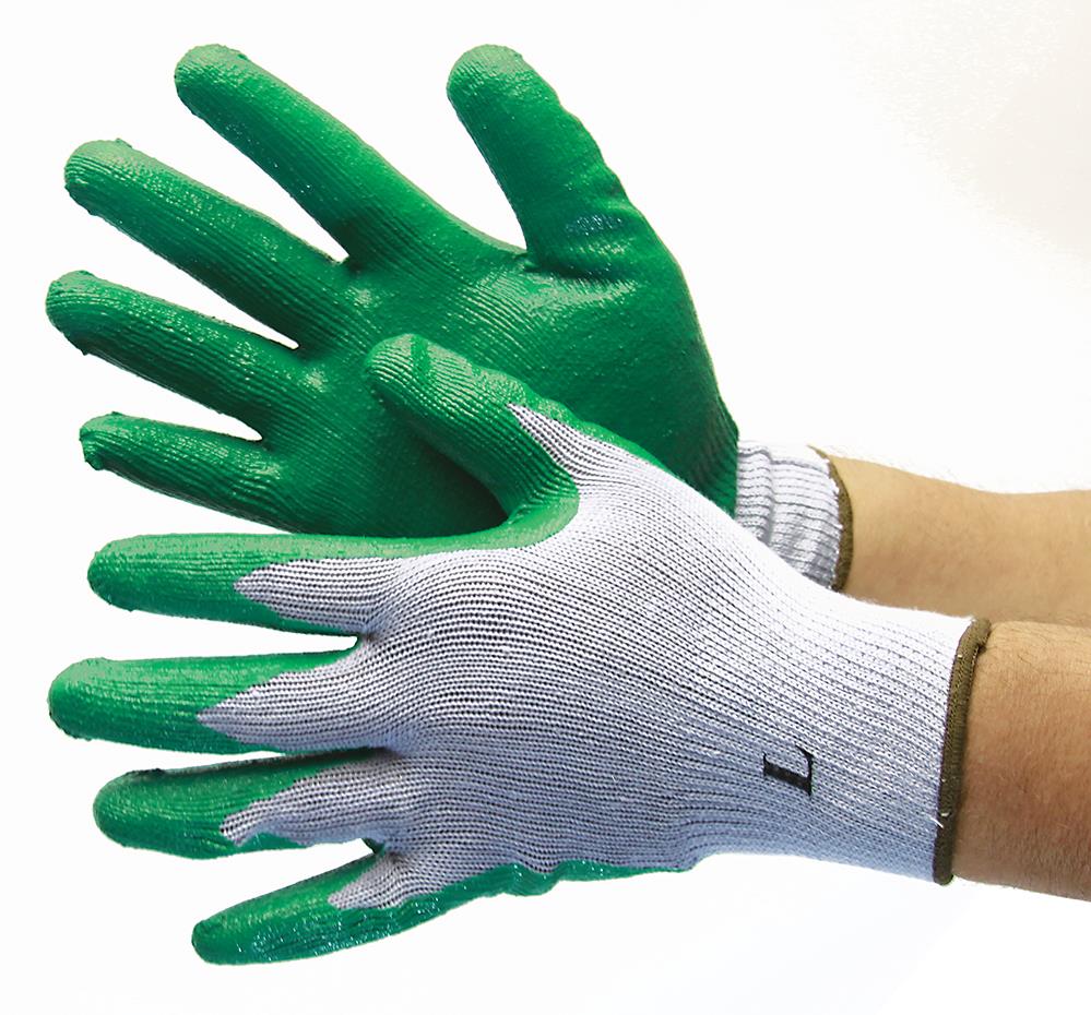 10 Gauge Cotton/Poly String Knit Gloves w/ Nitrile COATING - Grey/Green - Size: Medium