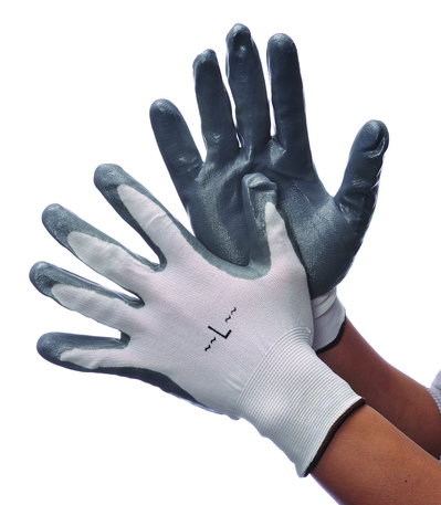 13 Gauge (Ultra Thin) Nylon String Knit Gloves w/ Nitrile COATING - White/Grey - Size: Large