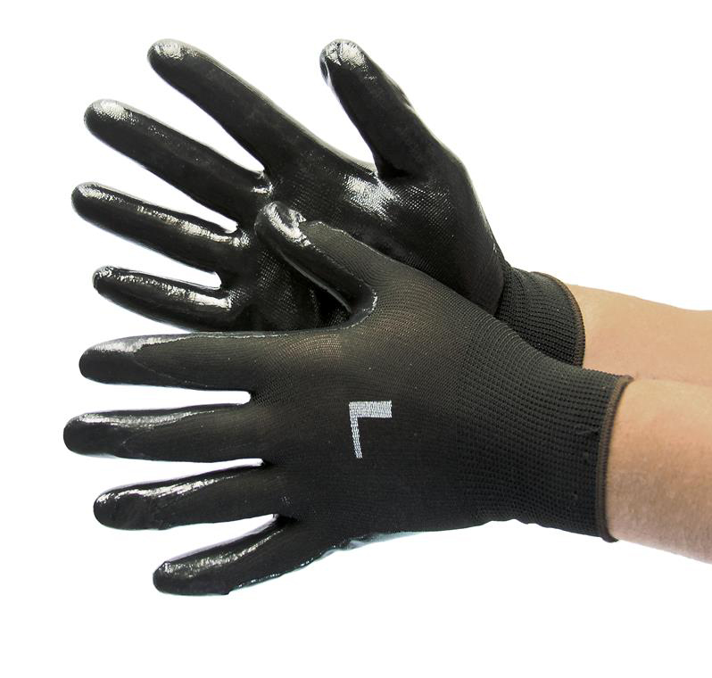 13 Gauge (Ultra Thin) Polyester String Knit Gloves w/ Nitrile COATING - Black/Black - Size: Large