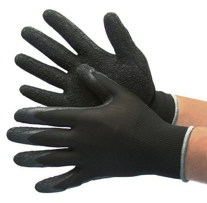 13 Gauge (Ultra Thin) Polyester String Knit Gloves w/ Textured Latex COATING - Black/Black - Size: L