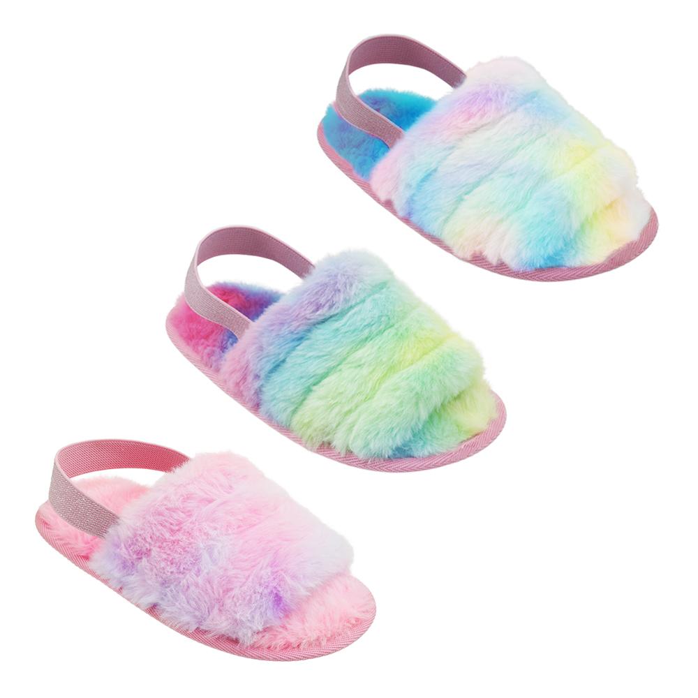 Girl's Rainbow Tie-Dye Faux Fur Bedroom Slide SLIPPERS w/ Glitter Embroidered Heel Strap