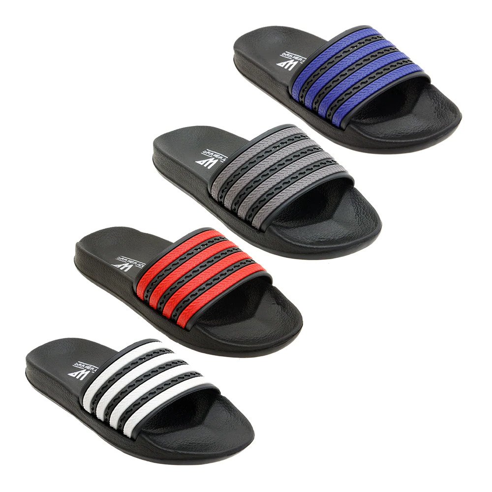 Boy's Athletic Barbados Slide SANDALS w/ Embroidered Waves & Two Tone Stripes