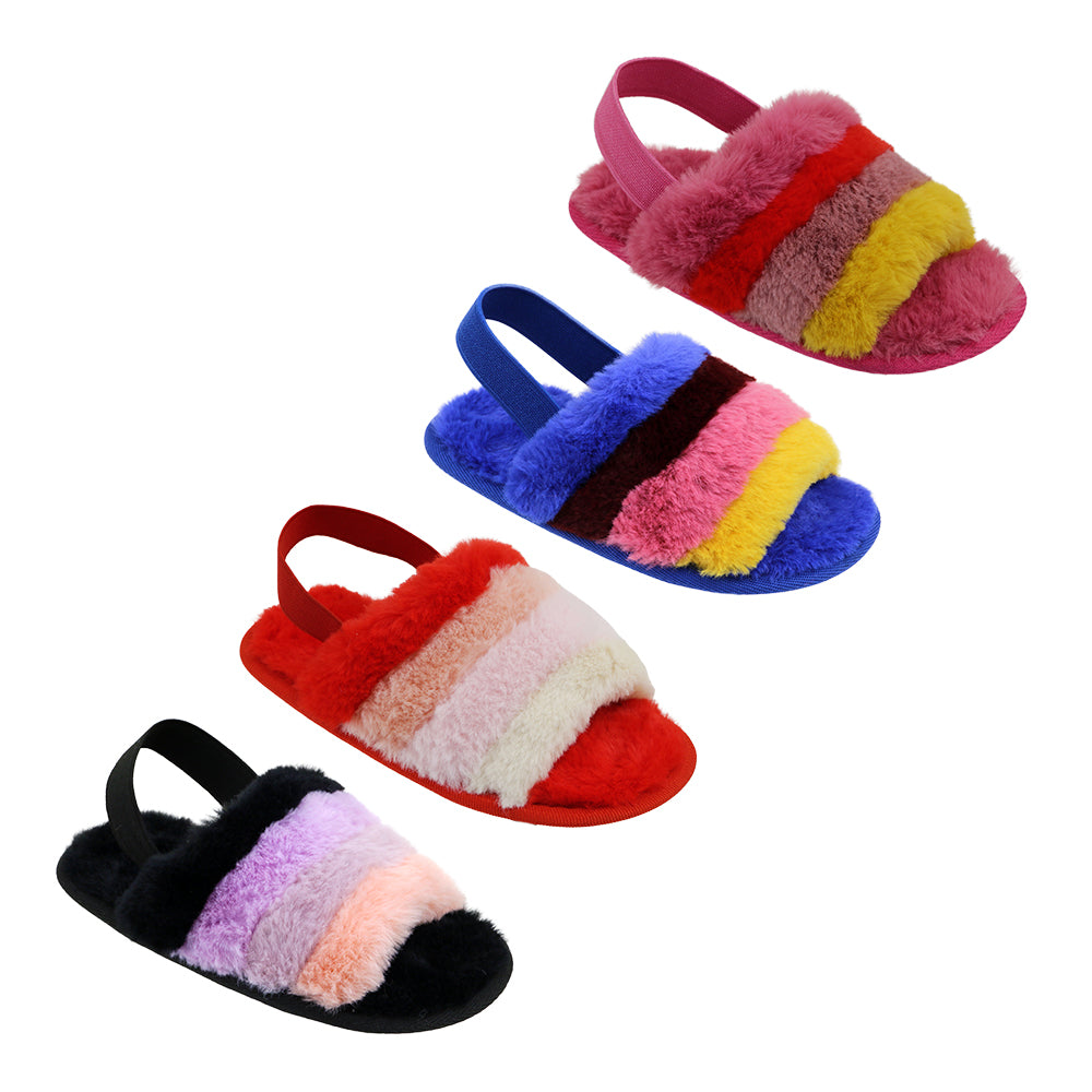 Girl's Faux Fur Two Tone Bedroom SLIPPERS w/ Elastic Heel Strap