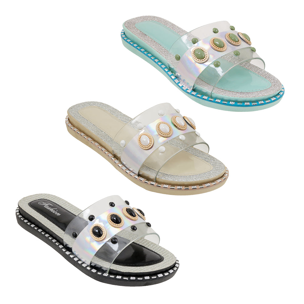 ''Women's Mini Wedge Fashion Slide Sandals w/ Clear Straps & Embroidered Pearls, Gems, & Rhinestones''