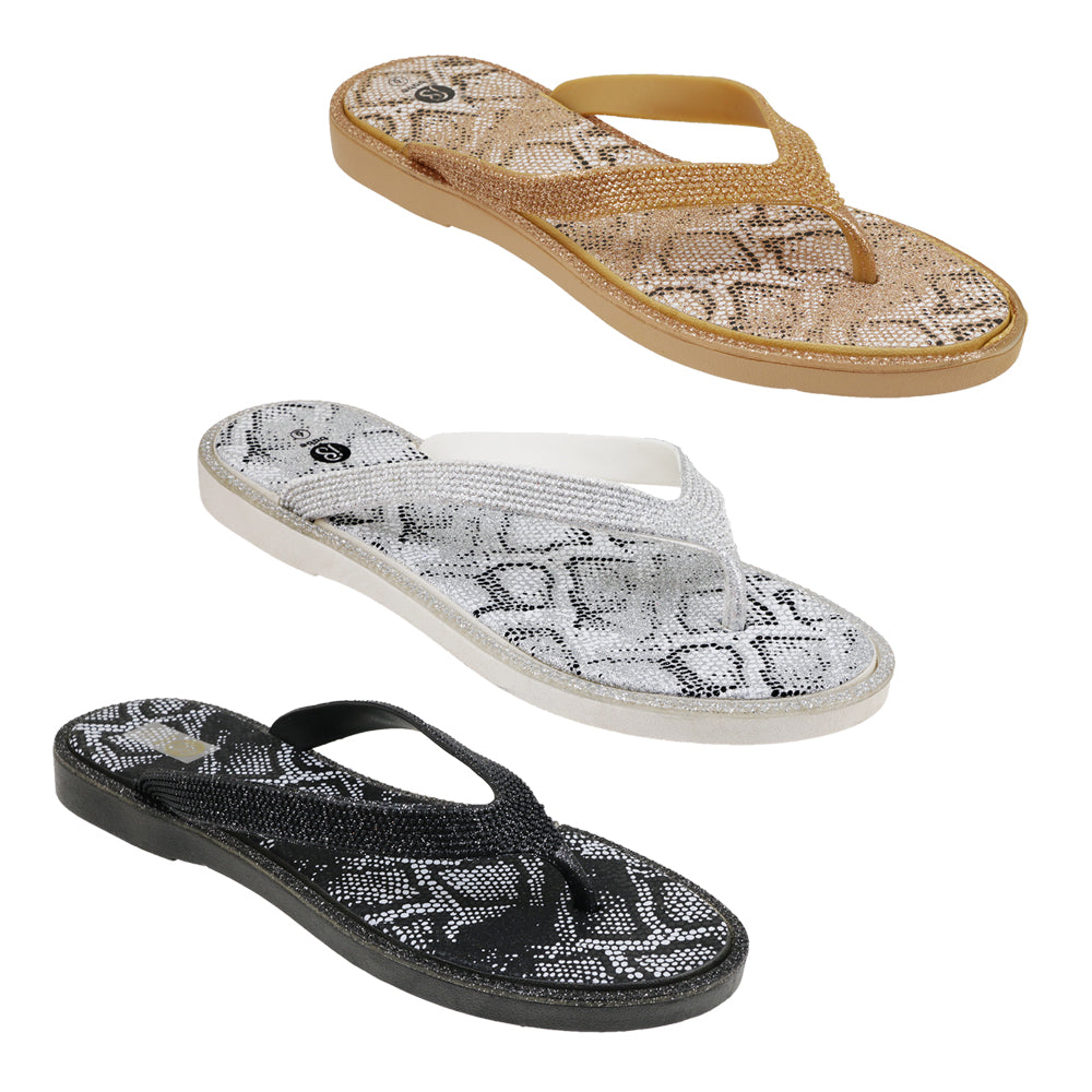 Women's Mini Wedge FLIP FLOP Thong Sandals w/ Reptile Skin Printed Footbed & Metallic Straps