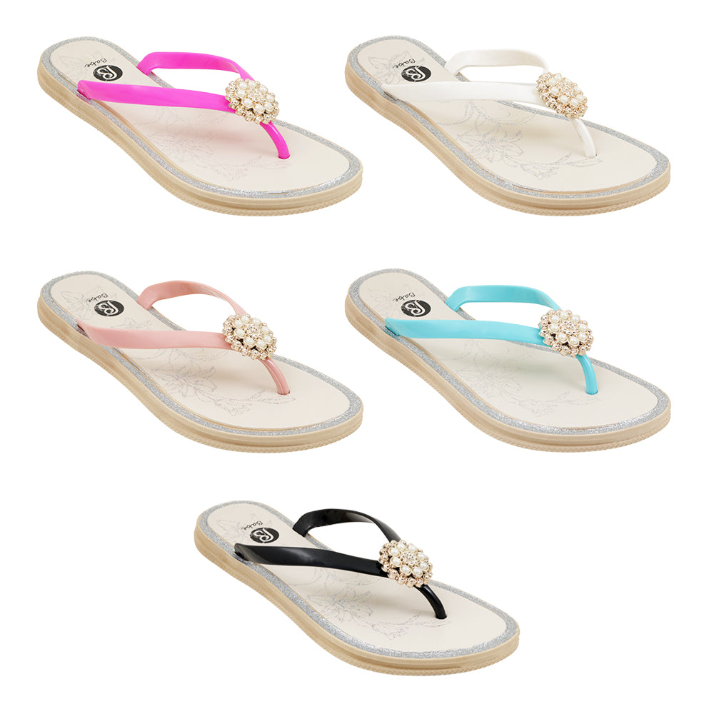 Women's Flip Flop Sandals w/ Pearl FLOWER Embellishment - Size 5-9