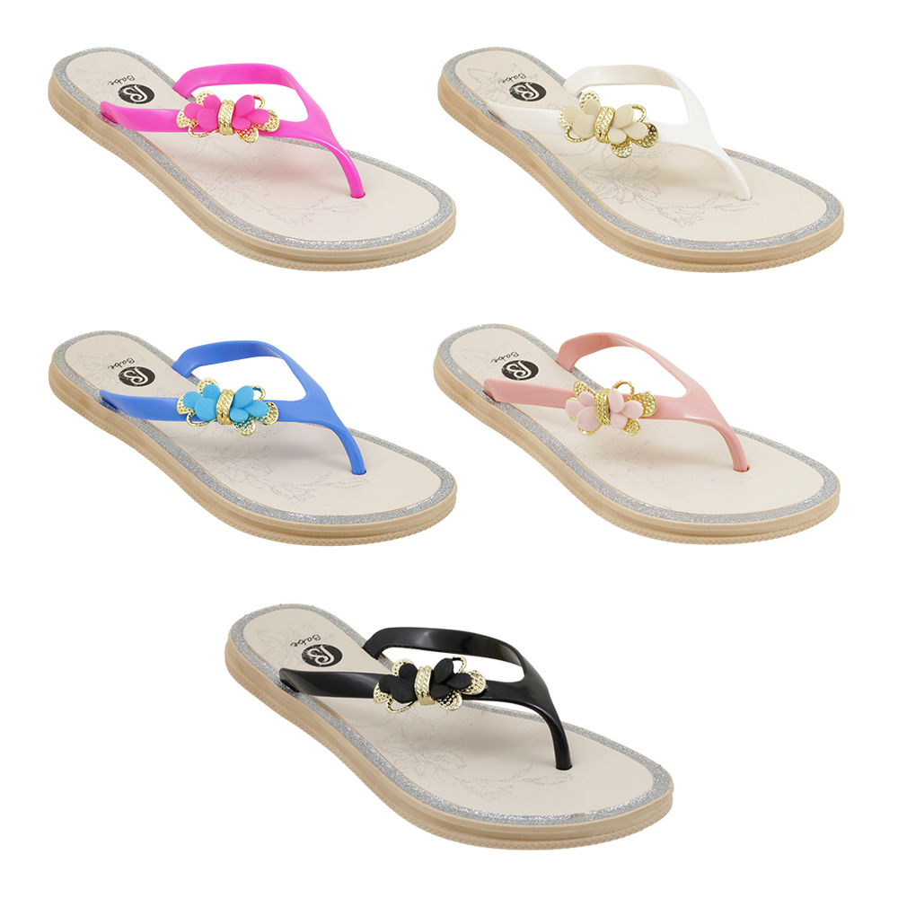 Women's Wedge Flip Flop Slide Sandals w/ Gold FLOWER Embellishment & Embroidered Floral Patch