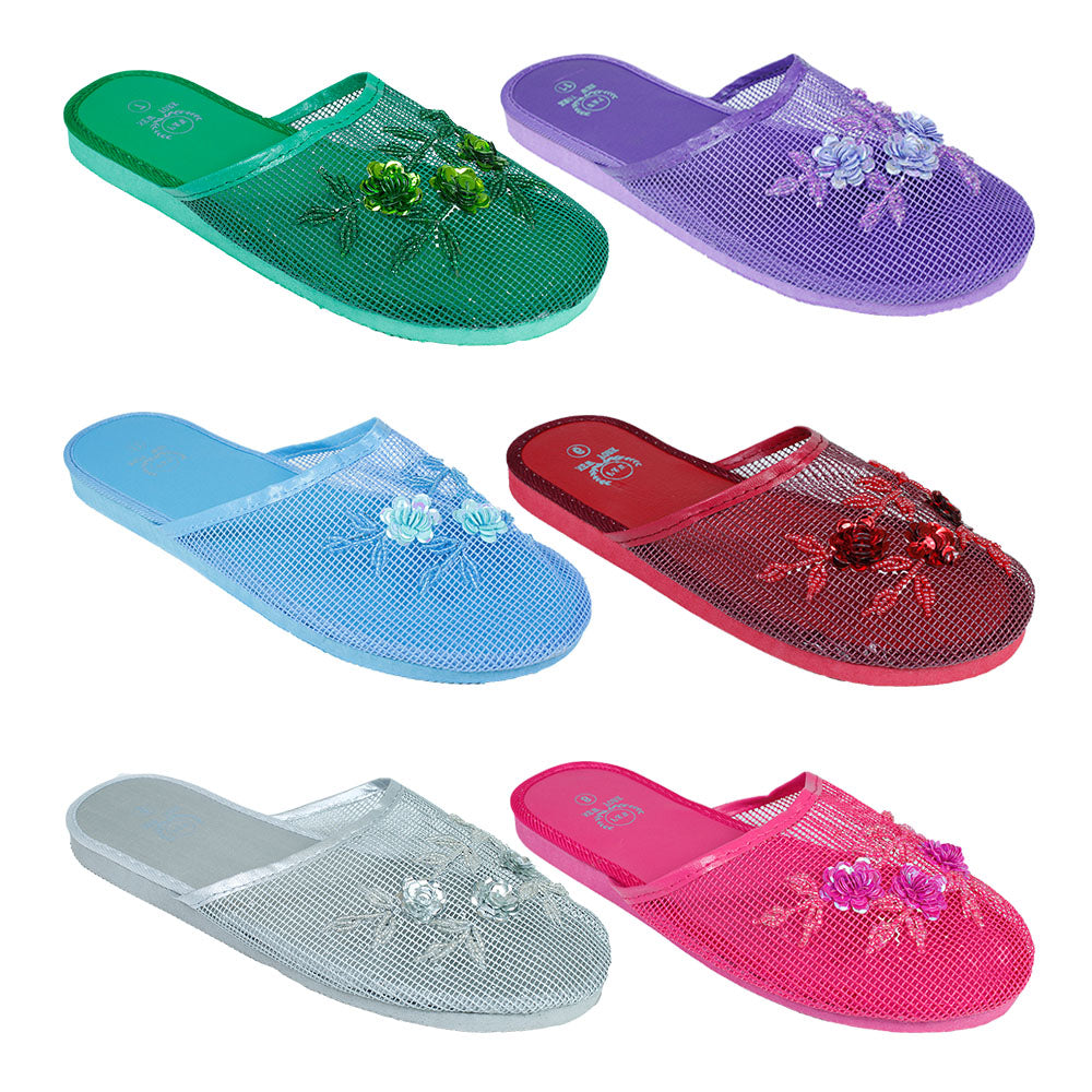 Women's Mesh Mule Slide Slippers w/ Embroidered FLOWERS - Assorted Colors - Size 5-10