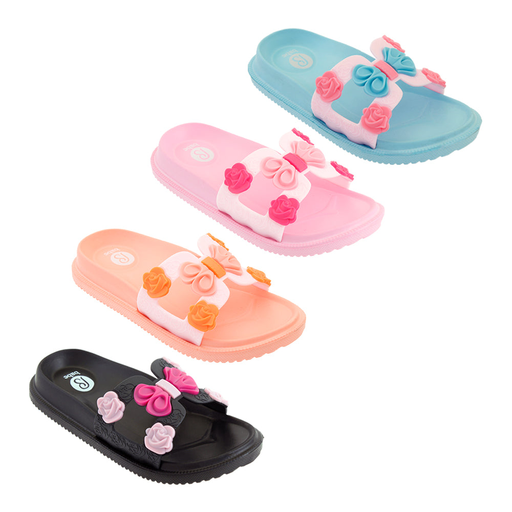 Girl's Barbados Slide SANDALS w/ Embroidered Roses & Bebe Printed Footbed