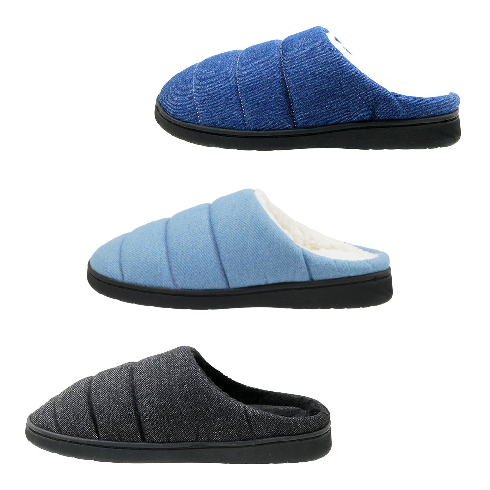 Men's DENIM Puffer Bedroom Slippers w/ Soft Sherpa Footbed