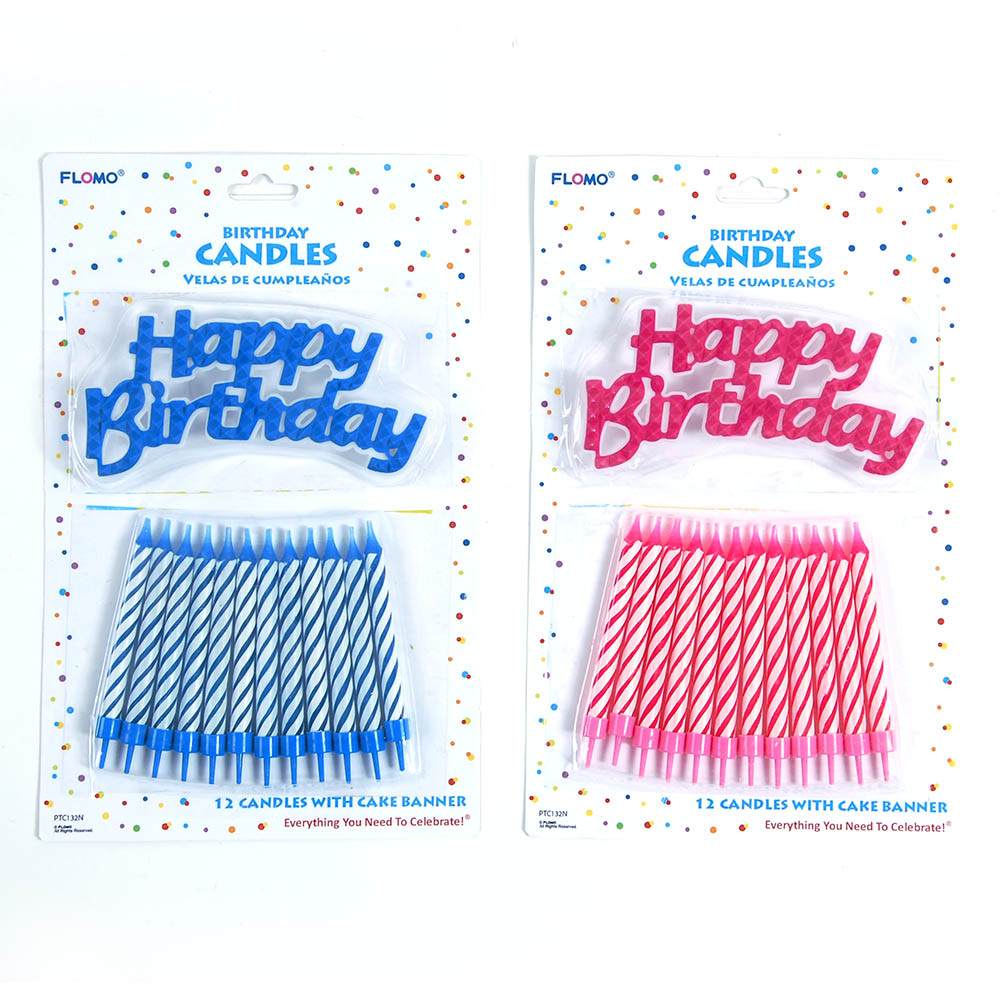 Pink & Blue Assorted Spiral CANDLEs w/ HOLDERs & Happy Birthday Cake Banner - 12-Packs