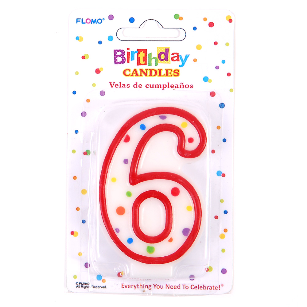 ''Red & White Birthday CANDLES w/ Dots - Numerical ''''6'''' ''