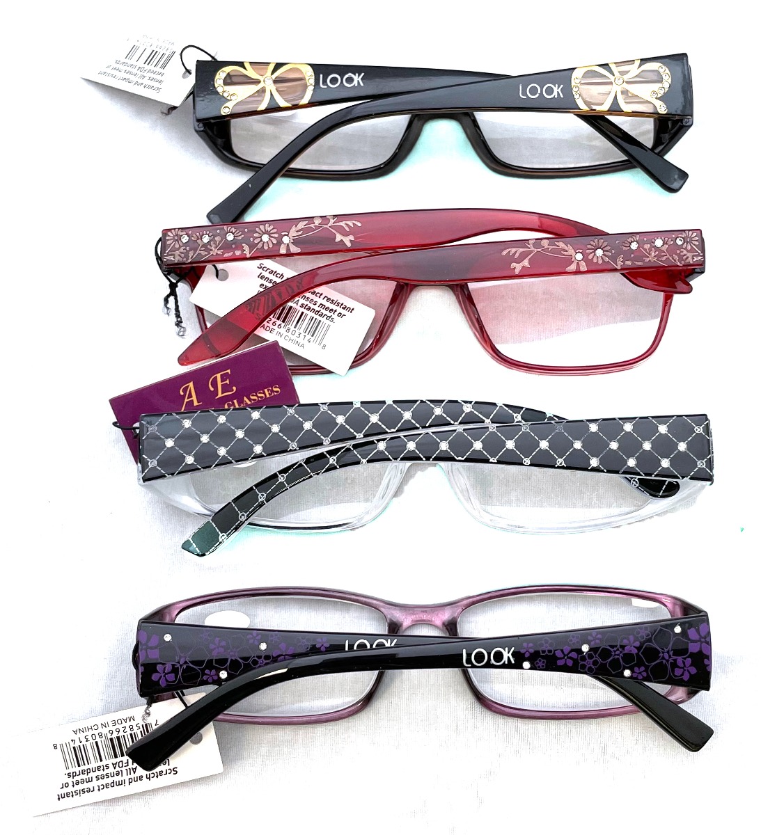 Women's Reader GLASSES w/ Metalic Floral Print & Embroidered Rhinestones - Assorted Colors & Powers