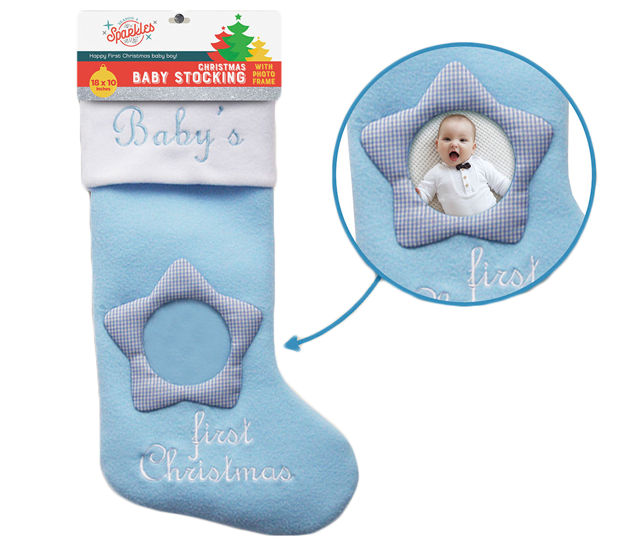 Embroidered Baby Boy's First Christmas Stocking w/ Photo FRAME Holder