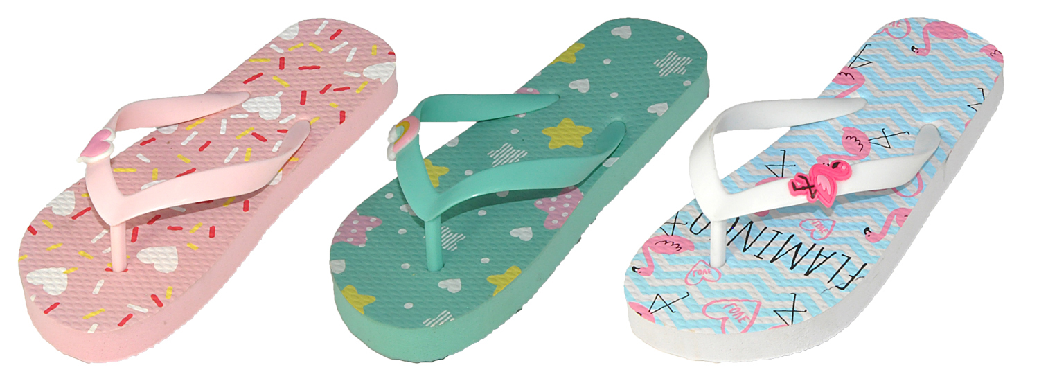 Girl's Flip Flop SANDALS w/ Printed Footbed & Embroidered Rubber Patch