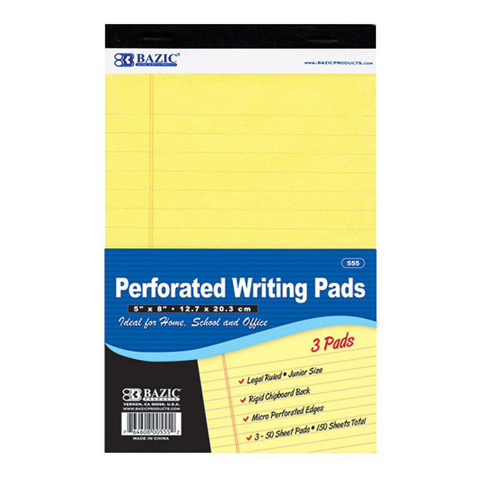 ''50 Ct. 5'''' X 8'''' Canary Jr. Perforated Writing Pad (3/Pack)''