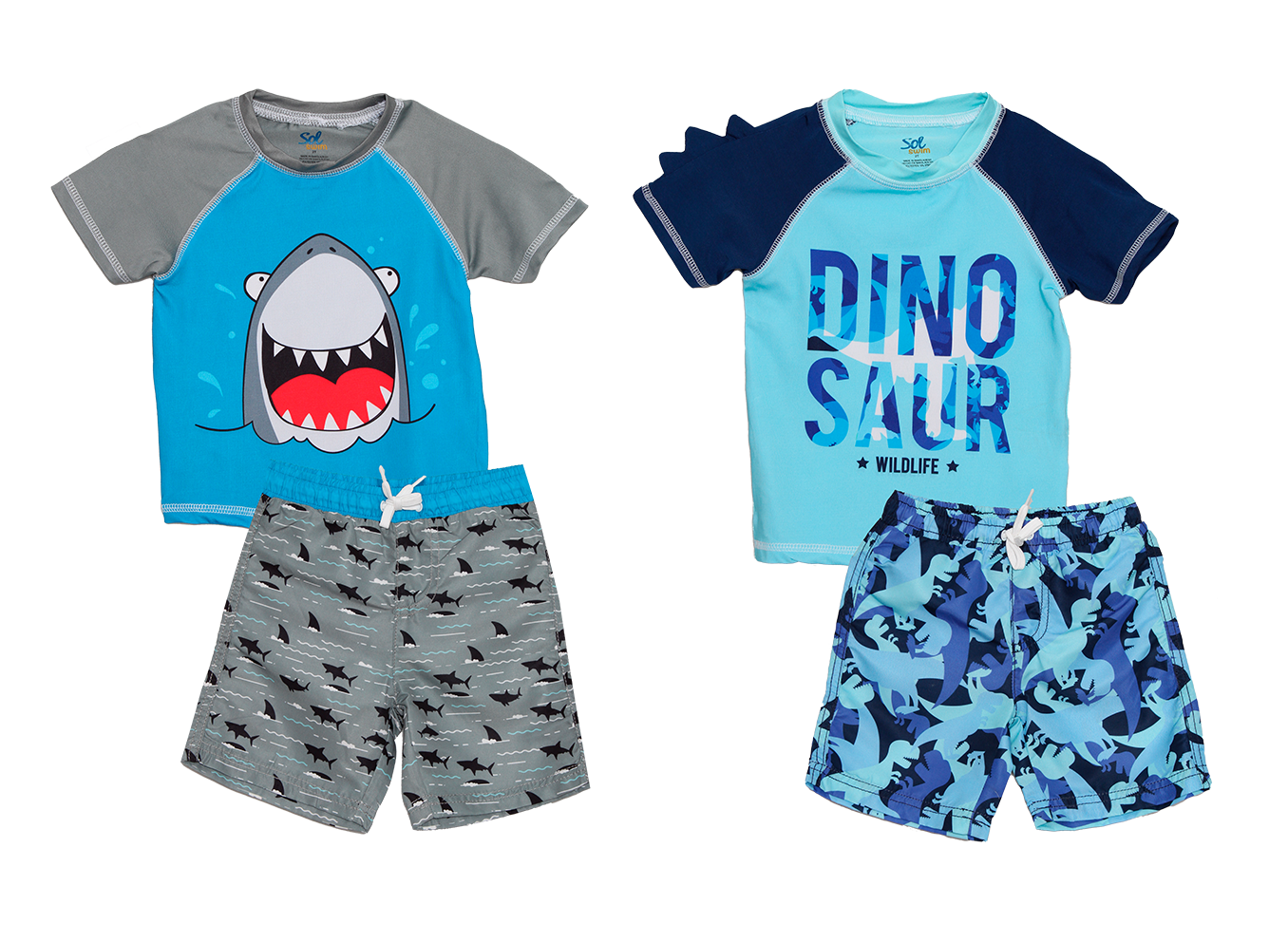 Toddler Boy's SHORT-Sleeved Rash Guard & Swim Trunk Sets - Shark & Dinosaur Print - Sizes 2T-4T