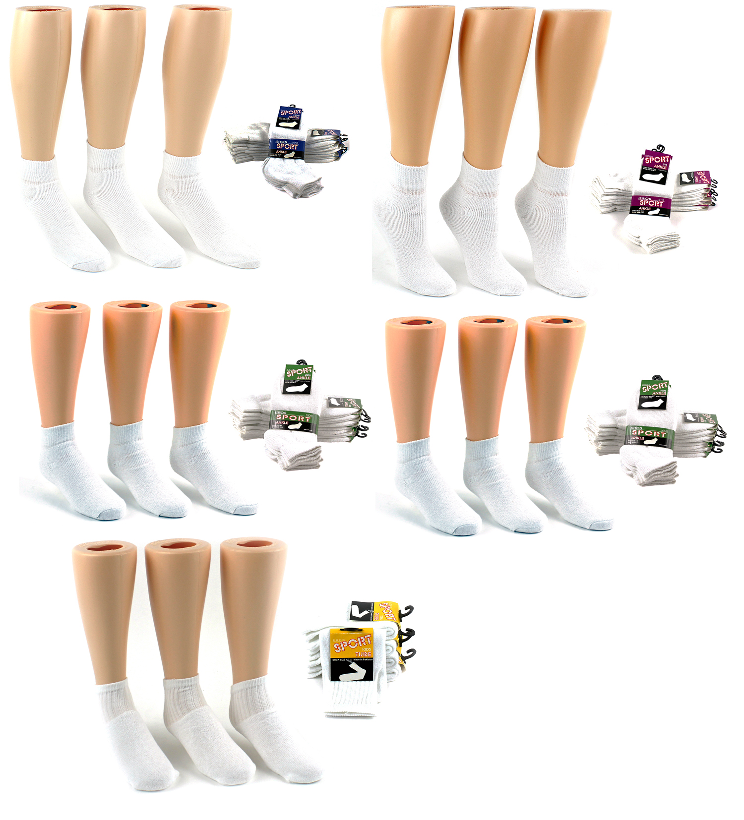 Athletic Ankle Socks Family Combo - White - Sizes 1-3