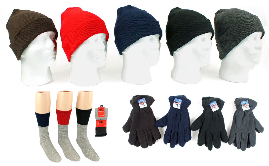 Adult Cuffed Winter Knit Hats, Men's Fleece Gloves, and Men's Thermal Crew Socks Combo