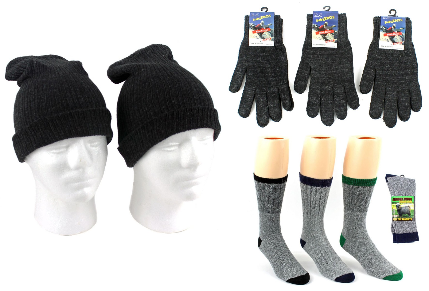 Adult Cuffed Winter Knit Hats, Adult Magic Gloves, and Men's Merino Wool Blend Socks Combo