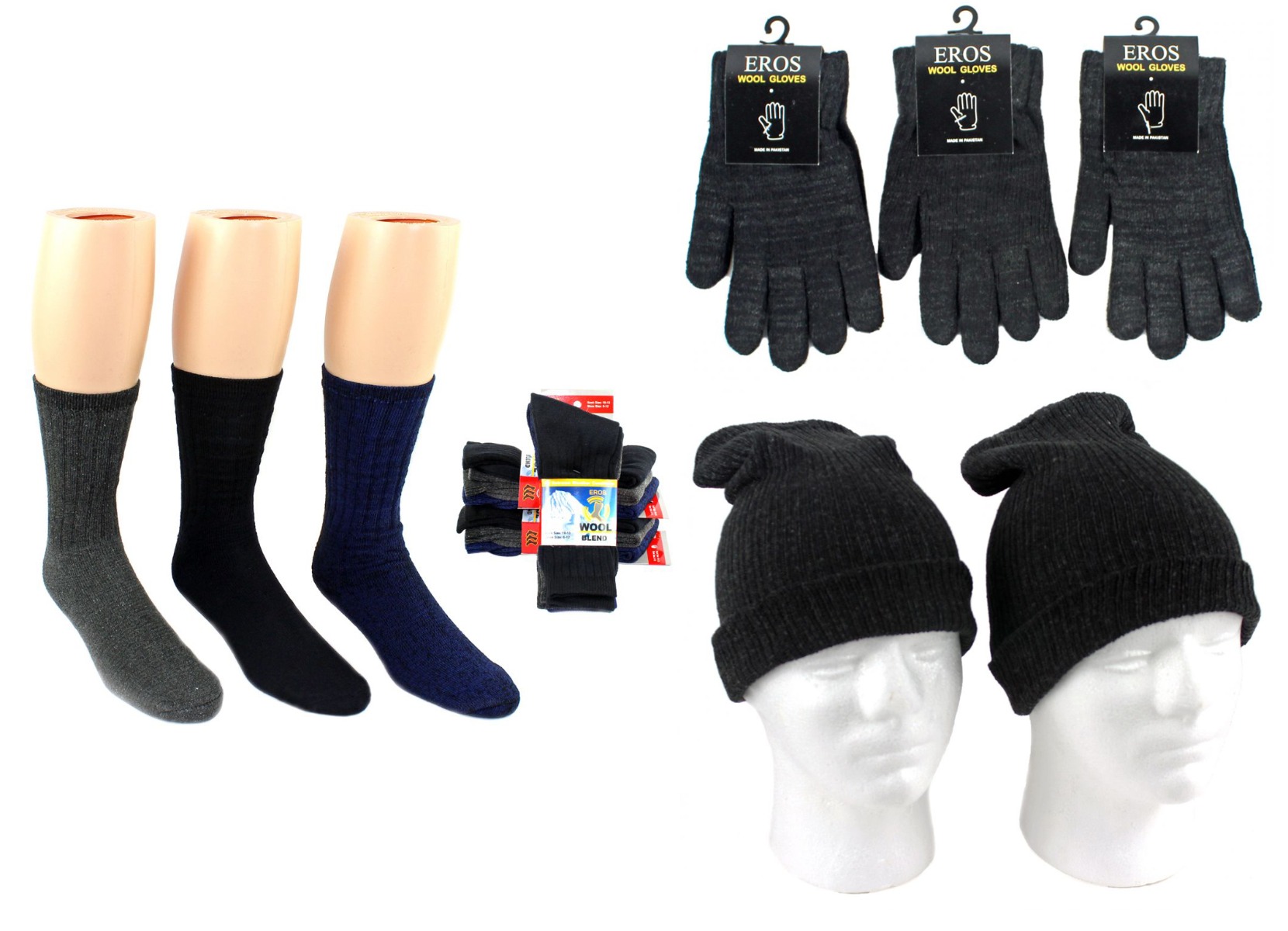 Adult Cuffed Winter Knit Hats, Adult Magic Gloves, and Men's Merino Wool Blend Socks Combo