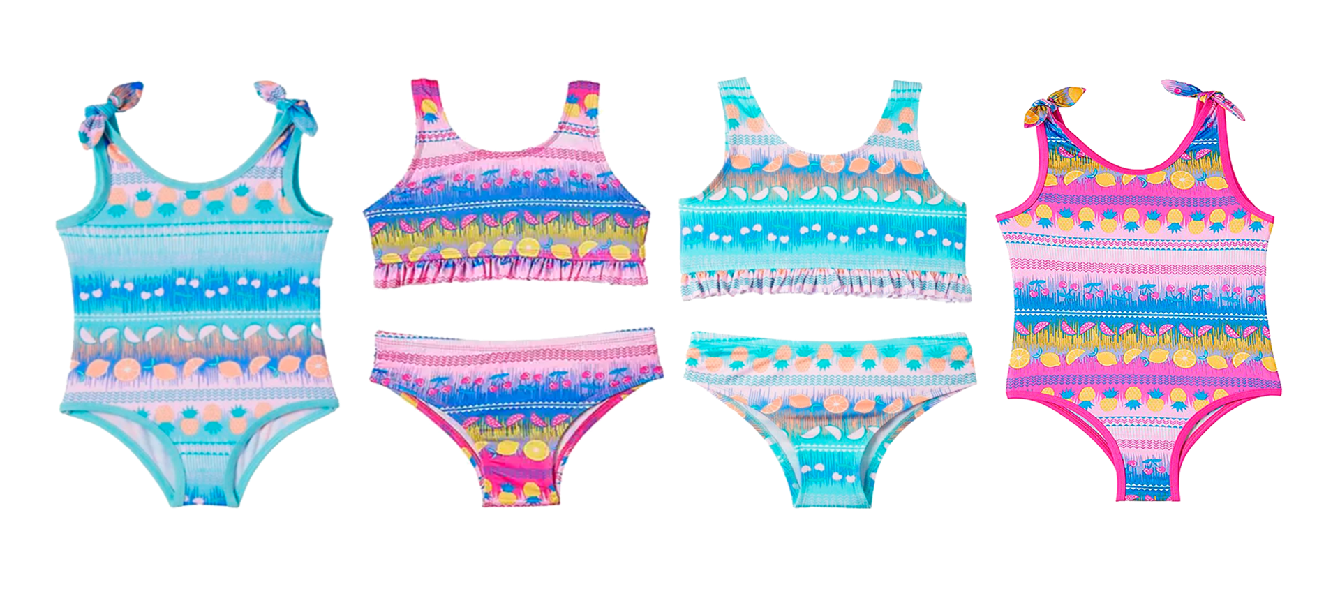 Infant Girl's Two Tone One-Piece & Two-Piece Swimsuits  - Tropical Fruit & Tribal Print - Sizes 12M-