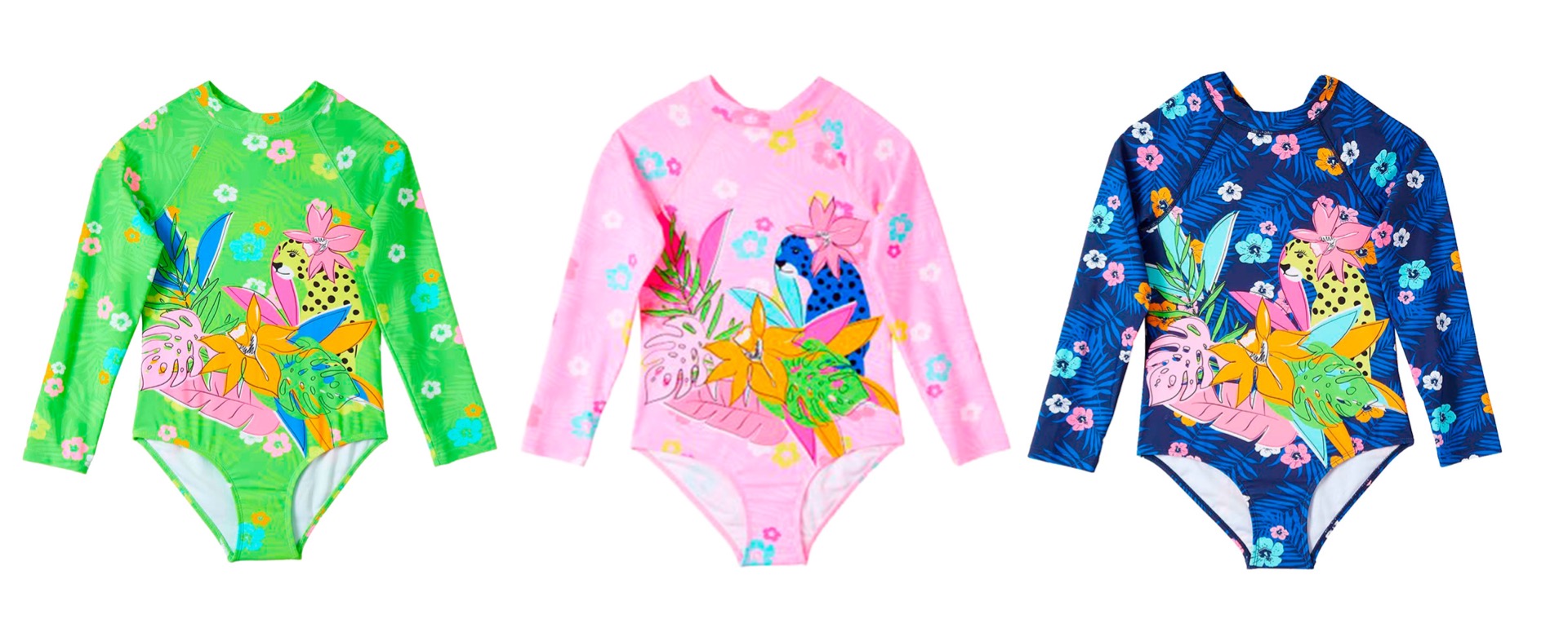 Little Girl's Fashion Rash Guard Swimwear - Two Tone Floral & Cheetah Print - Sizes 4-6X