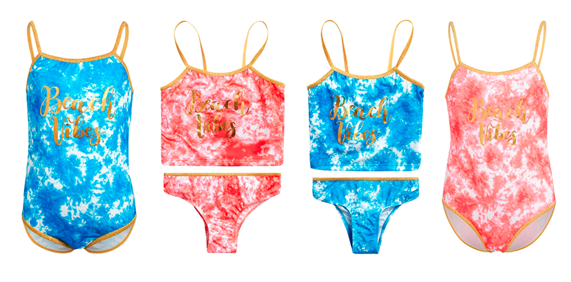 Little Girl's Two Tone One-Piece & Two-Piece Swimsuits w/ Embroidered GOLD Graphics - Tie-Dye Print 