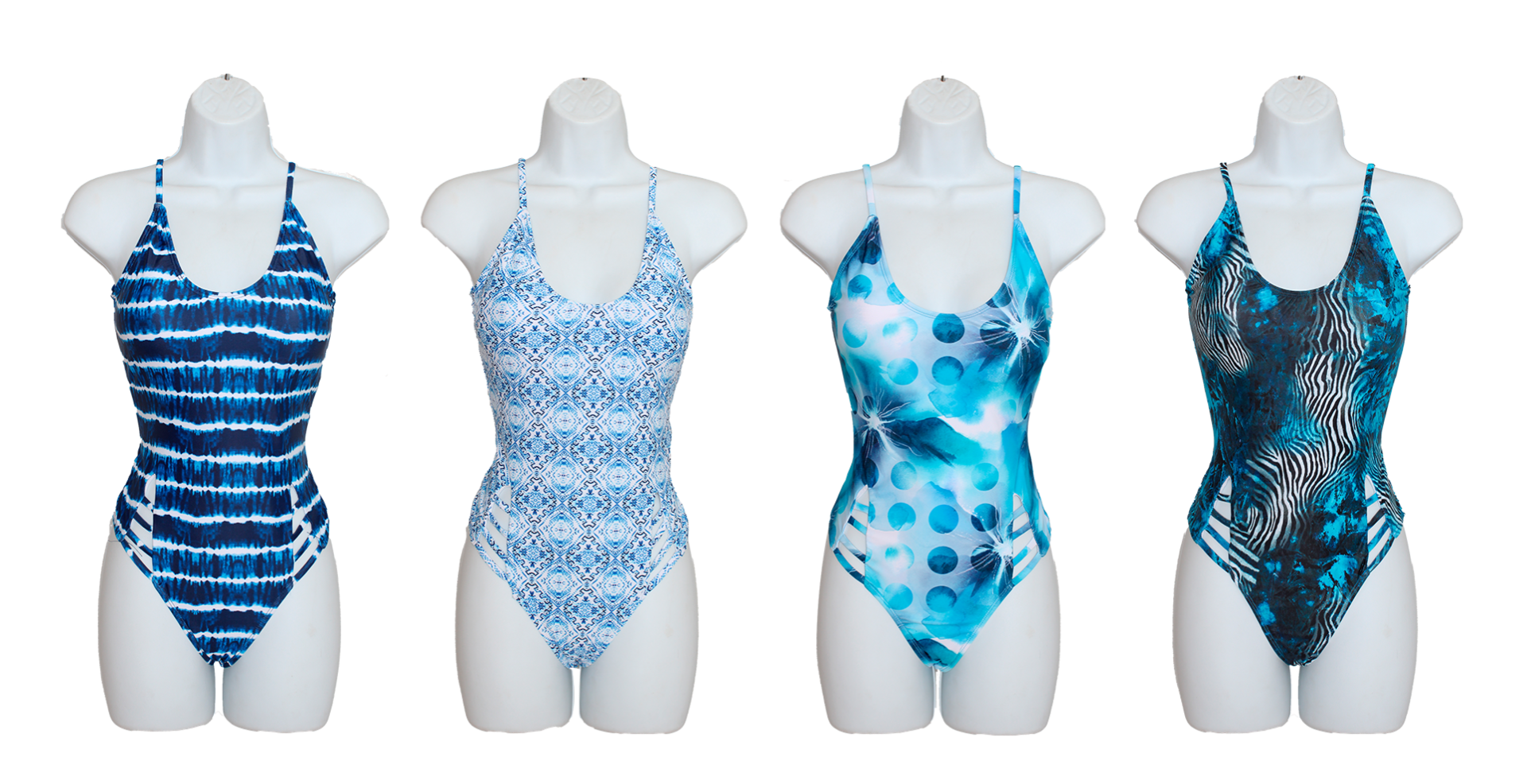 ''Women's Junior Fashion Aqua Blue One-Piece Swimsuits - Tie-Dye, Zebra, & Polka Dot Print - Sizes Sm