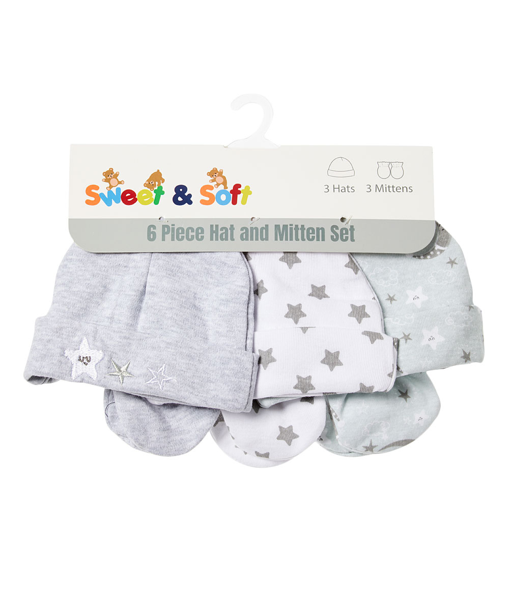 6-Piece Embroidered Baby HAT & Mittens Sets w/ Cloud & Moon Print - Grey