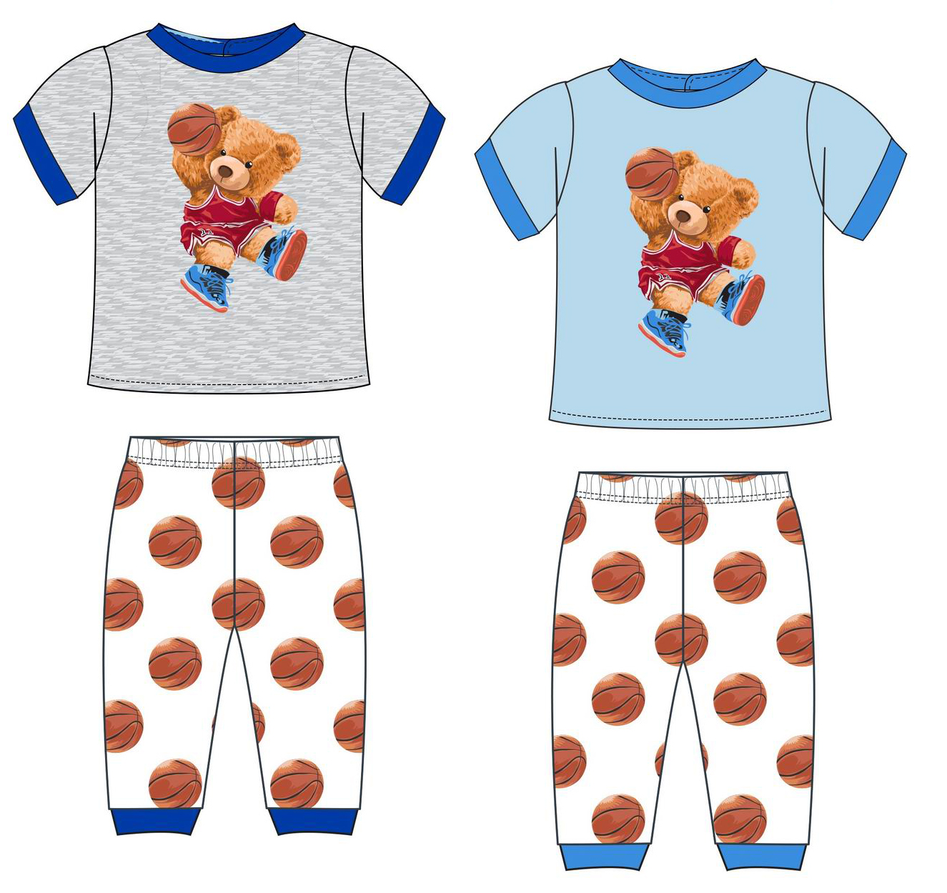 Boy's 2 PC. Rib Pajama Sets w/ Short-Sleeve Shirt & Pull-On Pants - BASKETBALL Bear Print - Sizes 12