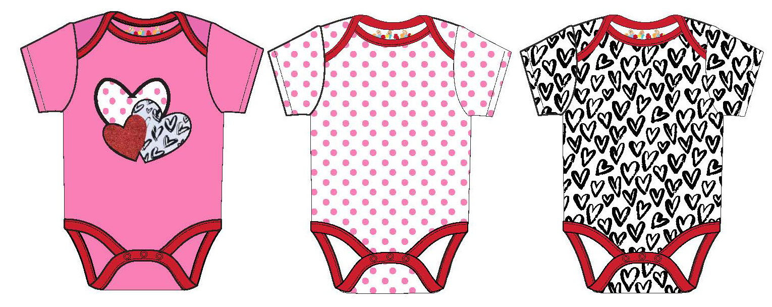 ''Baby Girl's Short-Sleeve Bodysuit Onesies w/ Embroidered Hearts, Polka Dot & VALENTINE's Day Print 
