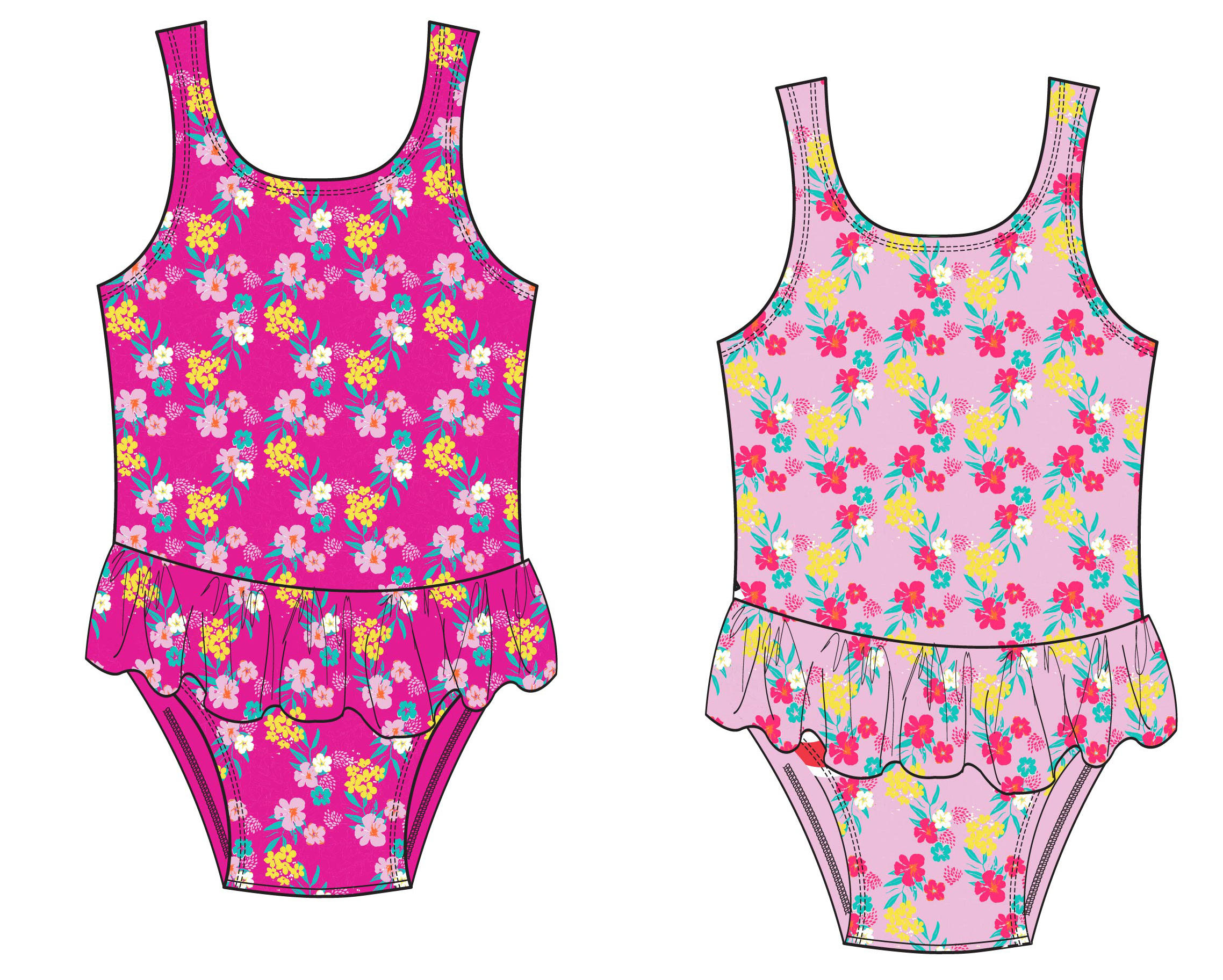 Girl's One-Piece Printed Swimsuits w/ Ruffle SKIRT - Hibiscus Floral Print - Sizes 5-7