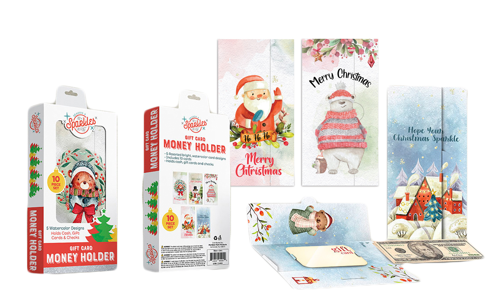 Christmas Printed Watercolor Gift Card Money Holders w/ ENVELOPES - 10-Pack