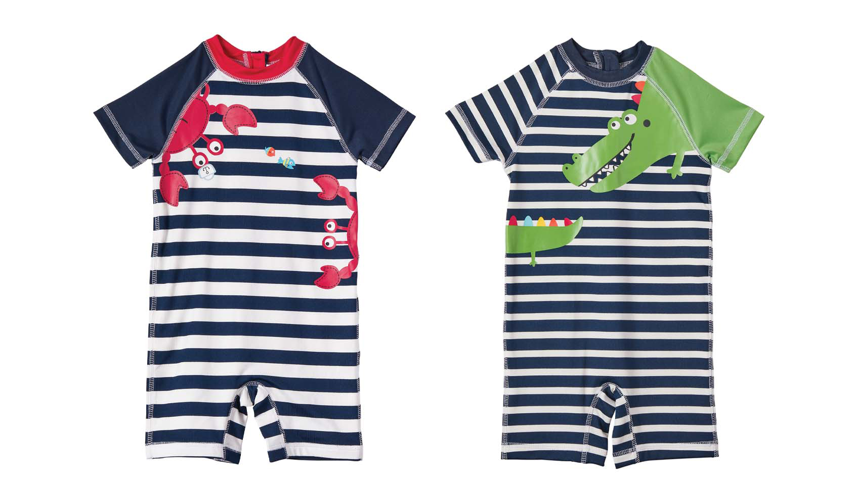 Infant Boy's Short-Sleeve Striped Rash Guard Onesies w/ Embroidered Crab & Crocodile Print - Sizes 9